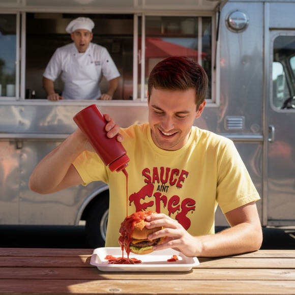 Atlas Meat-Free Deli “Sauce Ain’t Free” Graphic Tee Yellow Regular - Picture 3 of 7